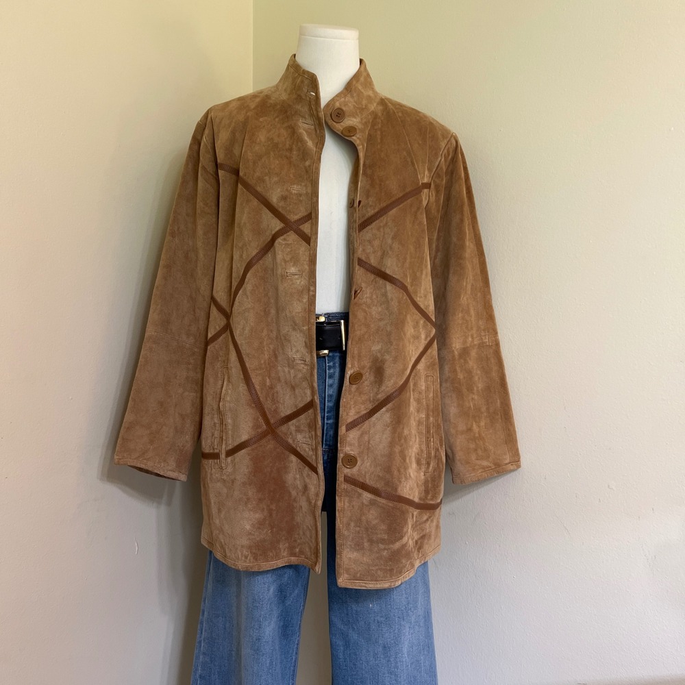 Linea Louis Dell'Olio Tan Brown Suede Leather Trim Mock Neck Jacket Medium